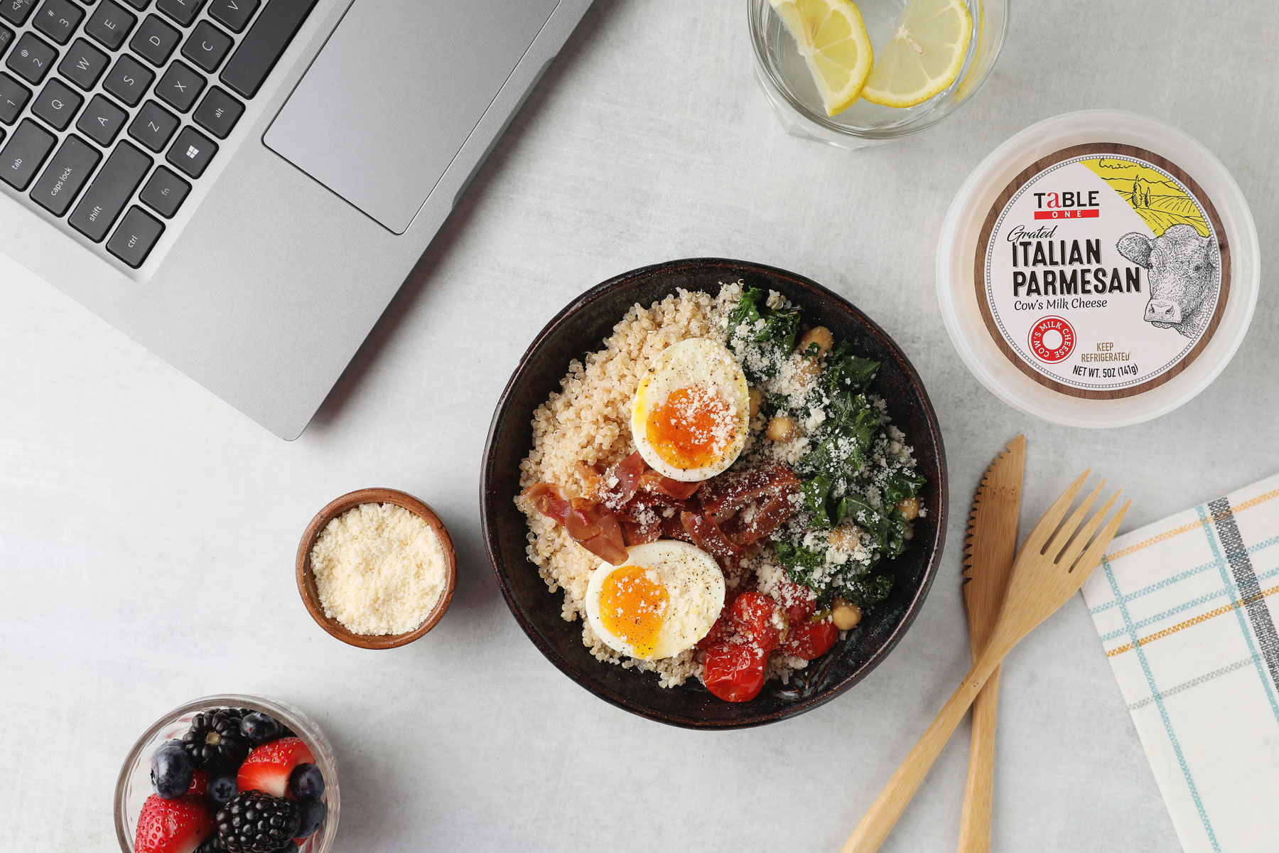 Warm Parmesan Greens Quinoa Bowl with Crispy Prosciutto and Soft Cooked Egg
